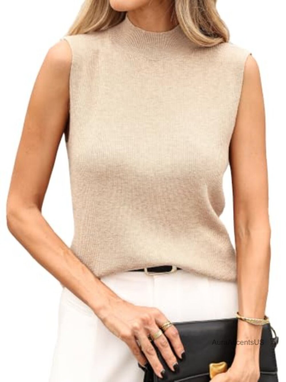 Women's Merino Wool Sleeveless Mock Turtleneck Ribbed Knit Sweater Vest